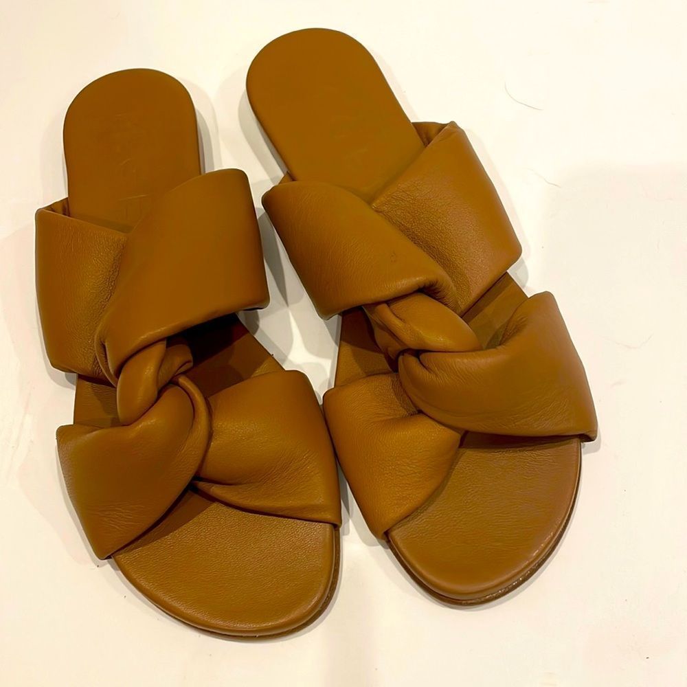 M. Gemi Tan Knotted Leather Slide Sandals